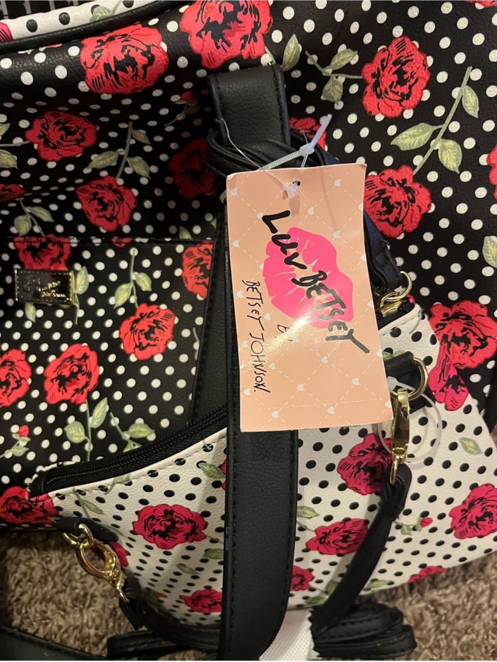 Betsey Johnson Black and White Polka Dot Tote with Red Floral Print